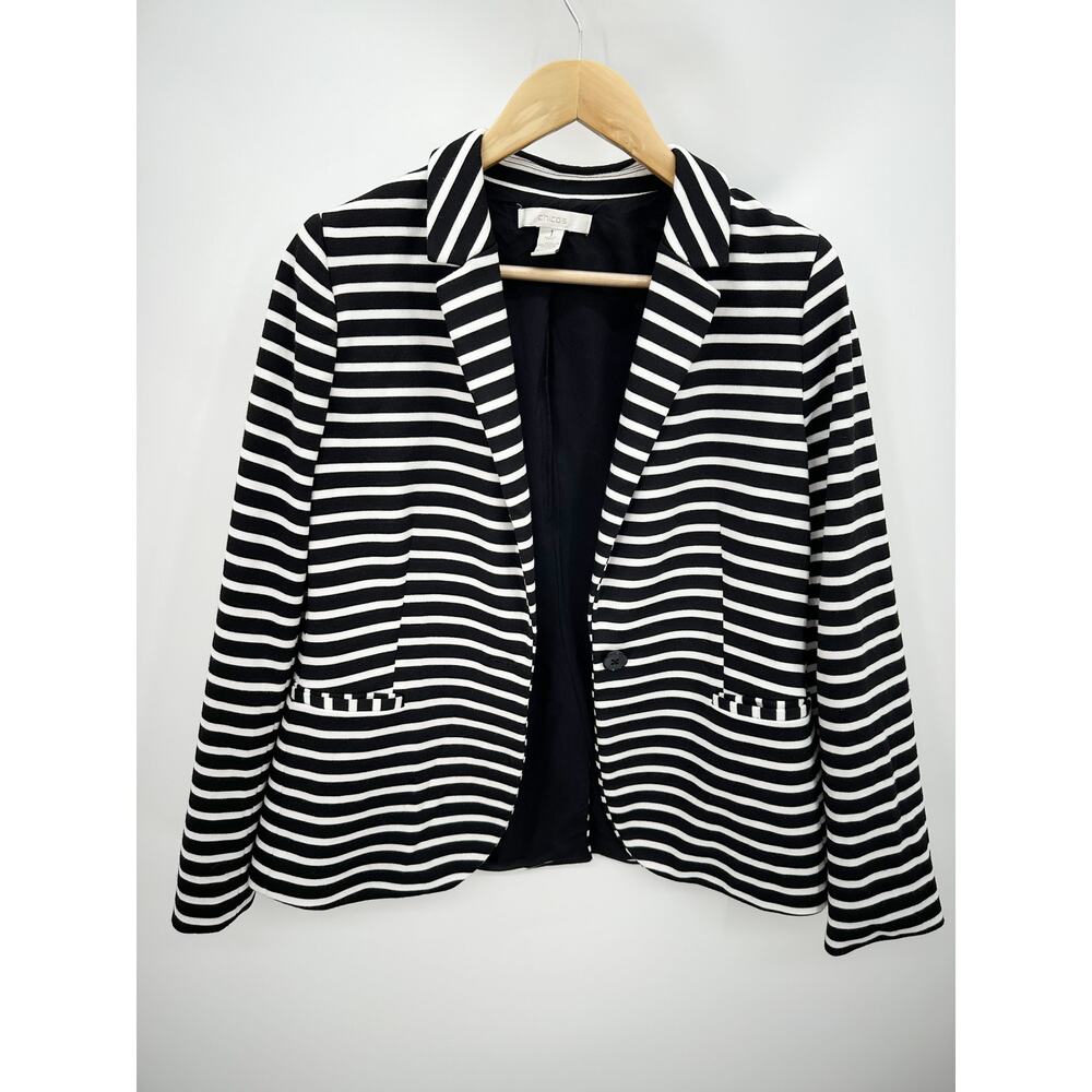 Chico's Womens Striped Blazer Size M Black White Single Breasted Career HG9